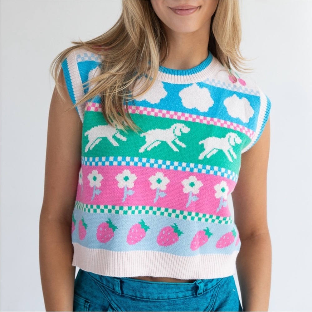 Luna Ivy Puppy Picnic Colorful Patterned Knit Sweater Vest Large